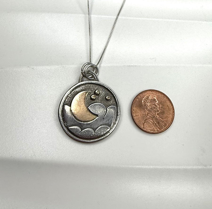 One of a Kind - Moon and Clouds Pendant with 14K Gold